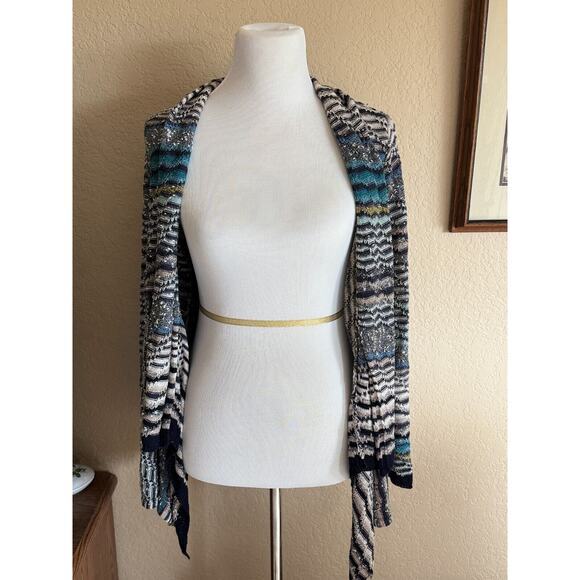 Nic + Zoe Blue & Cream Linen Open Front Cardigan‎ Sweater XS - Picture 1 of 8